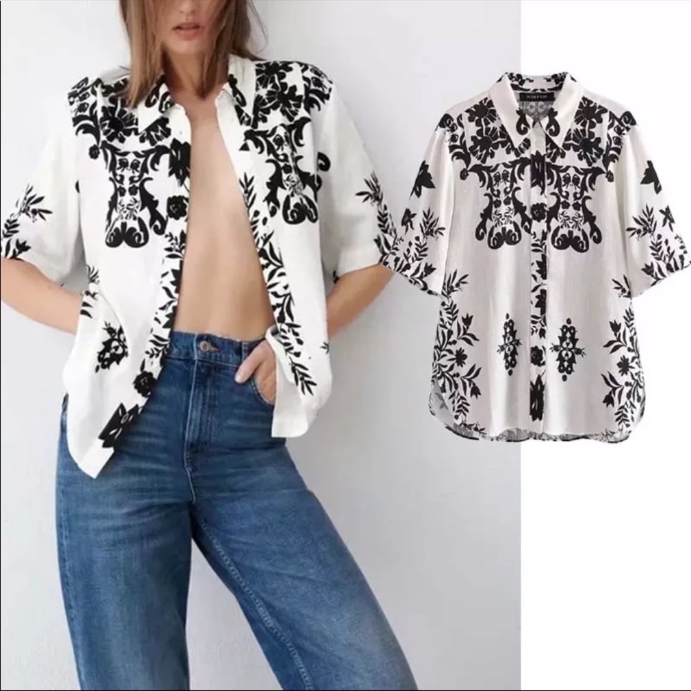 Black and white button up blouse